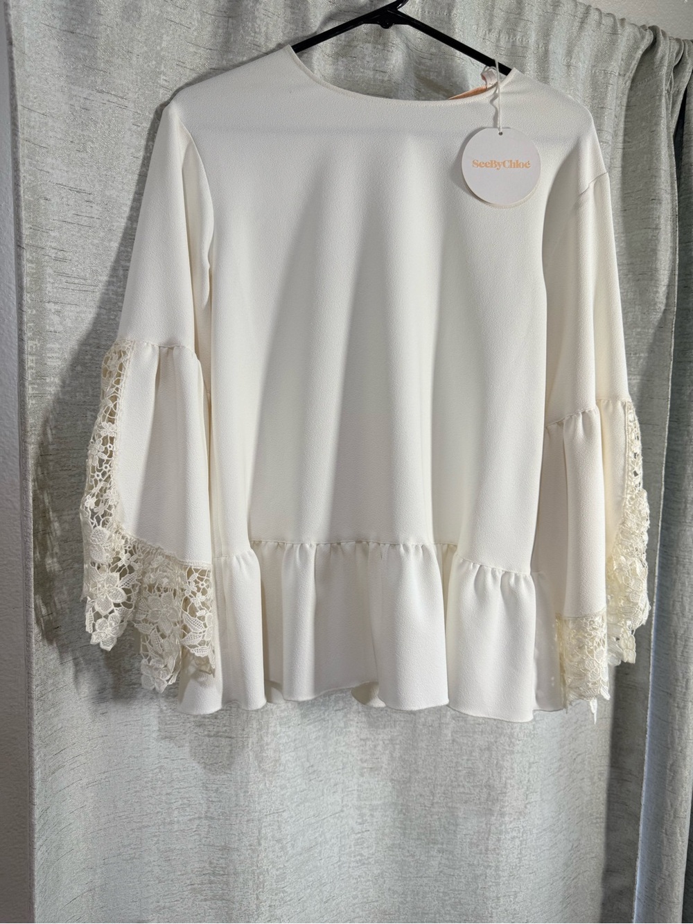 See By Chloe Cream Lace-Trim Peplum Blouse
